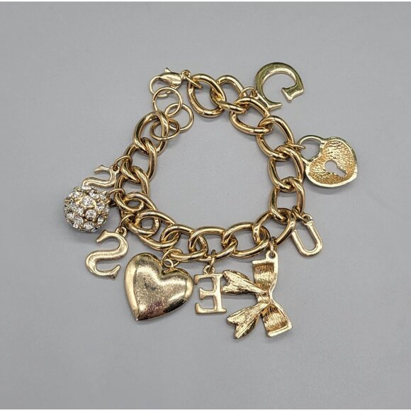 Guess Gold Tone Clear Rhinestone Heart Bow Dangle Charm Chain Link Bracelet B1A - Picture 5 of 11